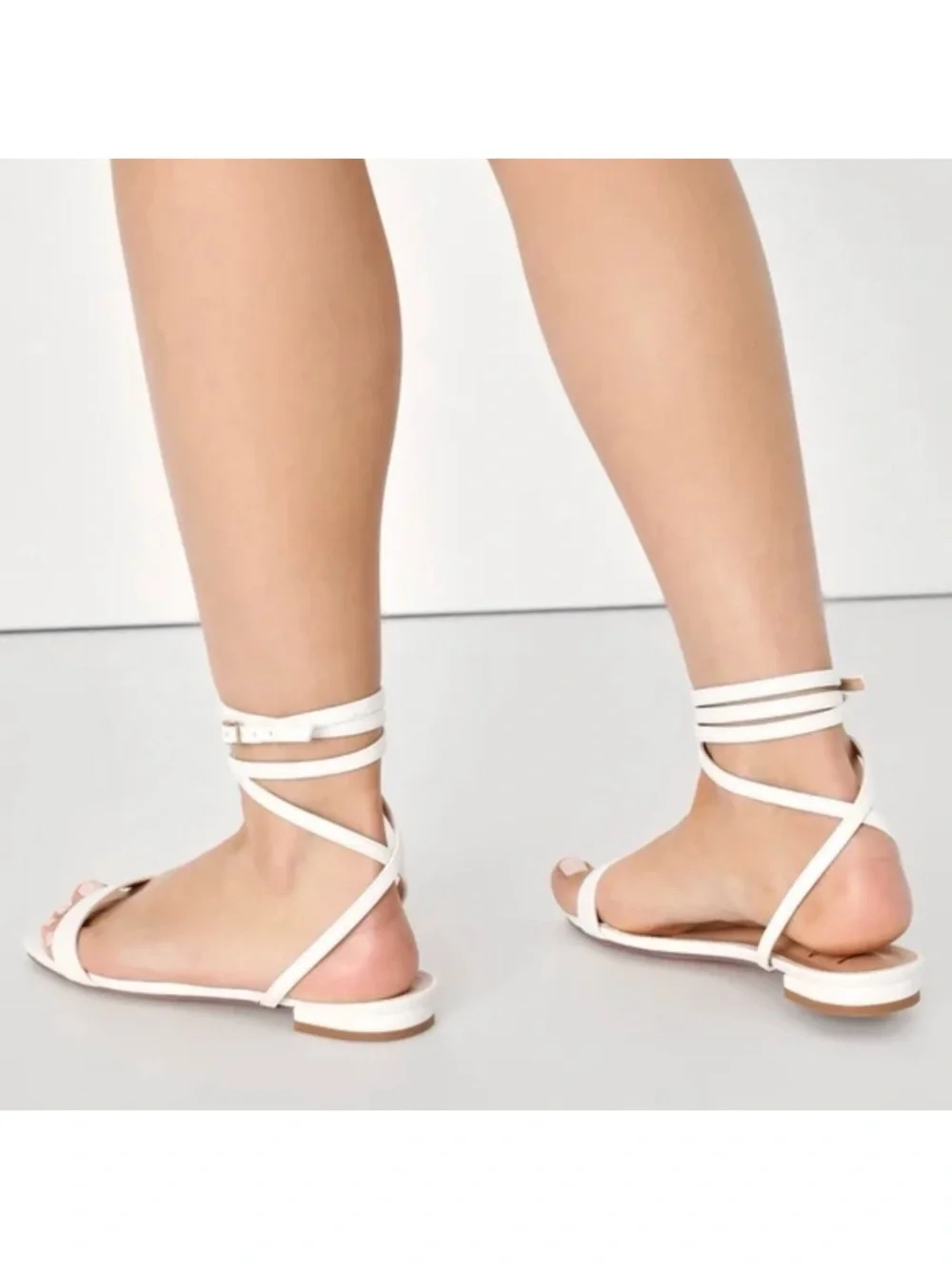 Lulu's- White ‘Esaly’ Ankle-Wrap Flat Sandals